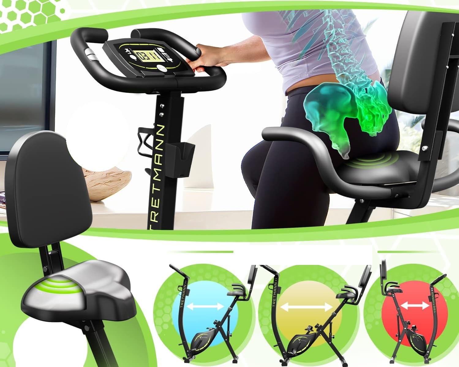 Składany rower treningowy 3 w 1, cichy opór magnetyczny, fotel SoftFoam z regulowanym oparciem, rama ze stali węglowej, maksymalne obciążenie 140 kg, do użytku domowego