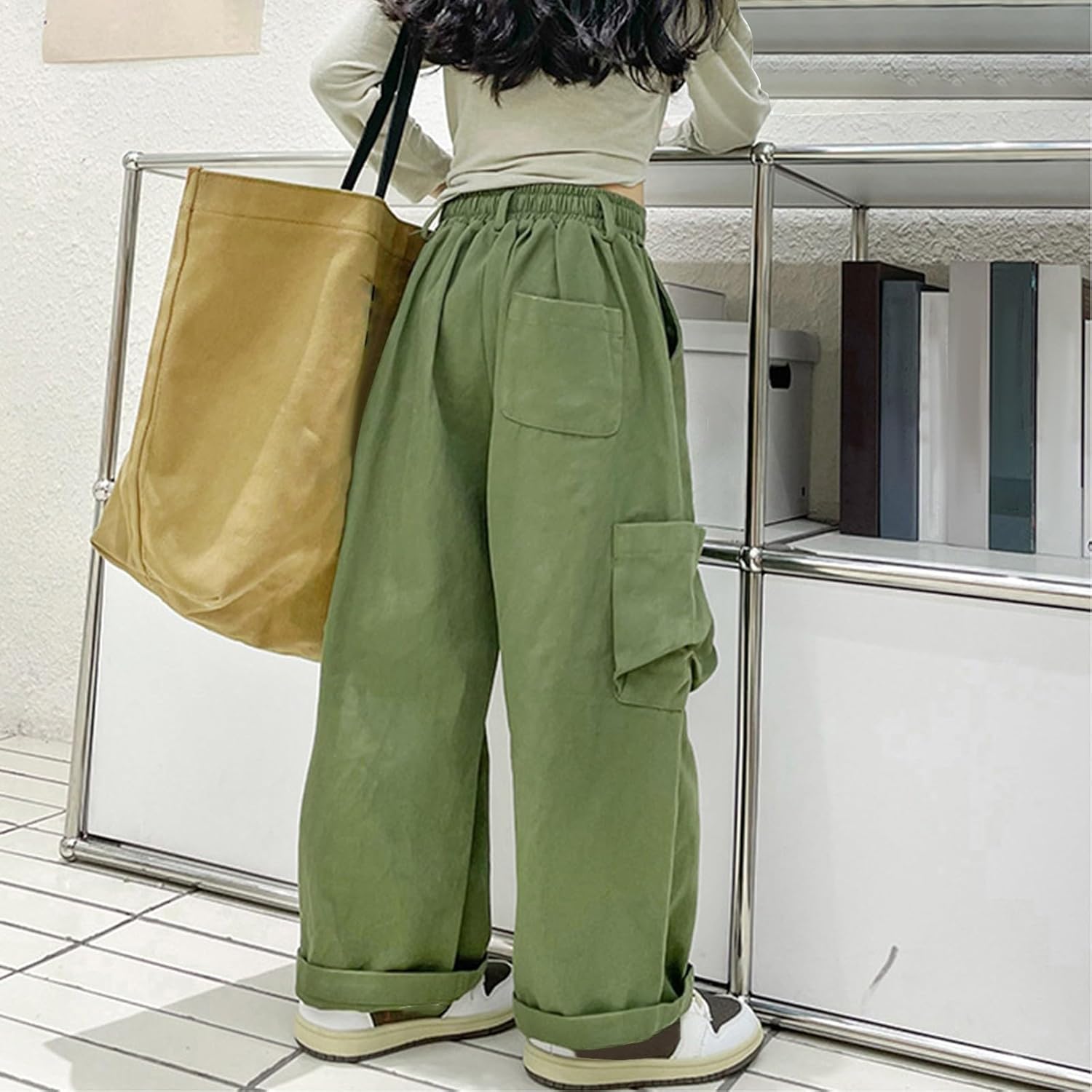 Girls Cargo Wide Leg Cotton Pants Kids Elastic High Waist 𝐃rawstring Trousers Teen Summer Baggy Casual Fashion Clothes