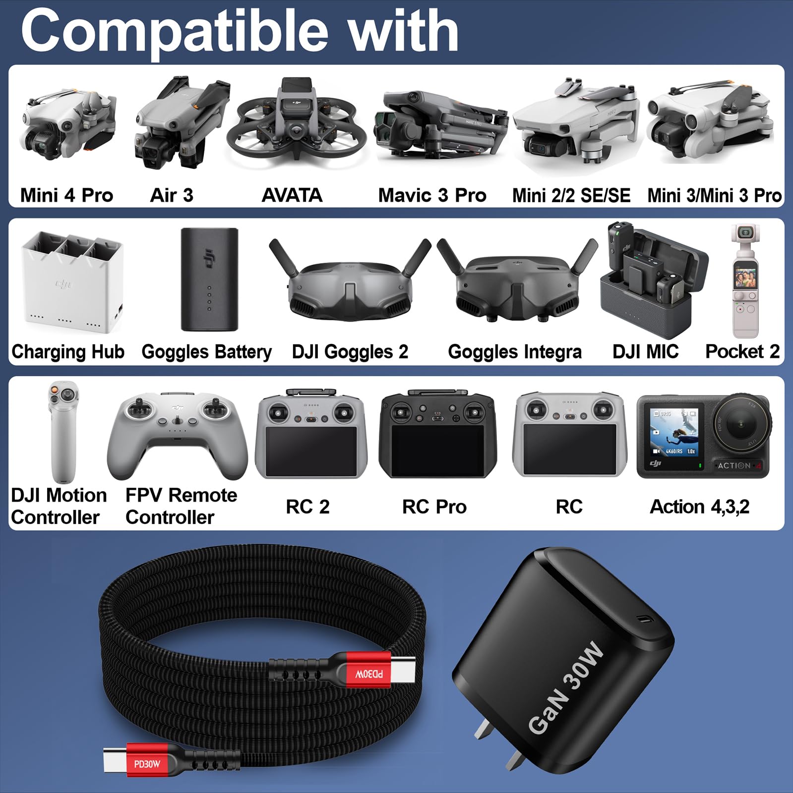 Dji Mini Battery Dji Mavic Battery Charger 30W PD 3-in-1 USB-C