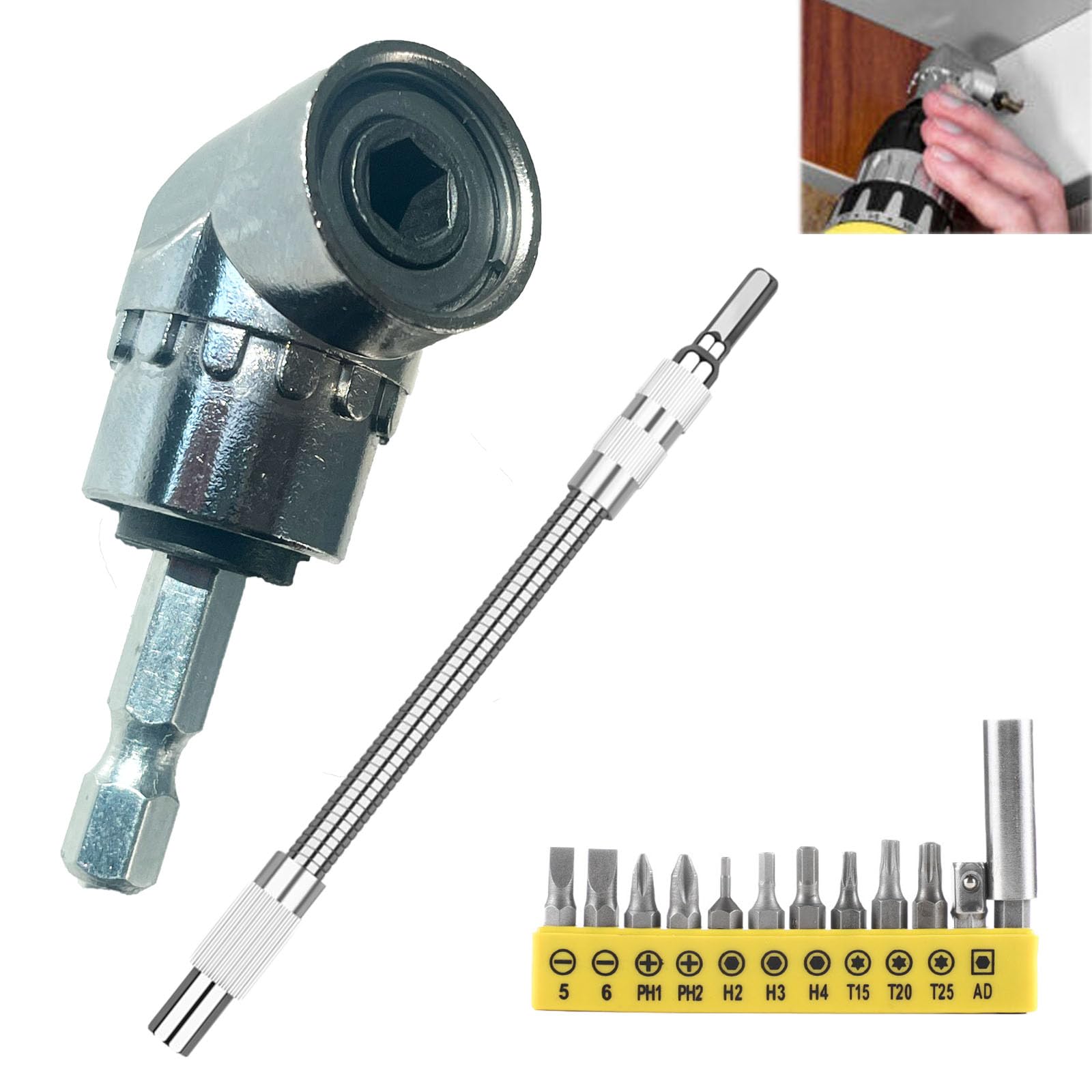 2026 New Angular Tool Screw Holder, 105 Degree Right Angle Drill bit Holder, with Multifunctional Elbow Screwdriver Head Set, Suitable for Working in Narrow Spaces (Short)
