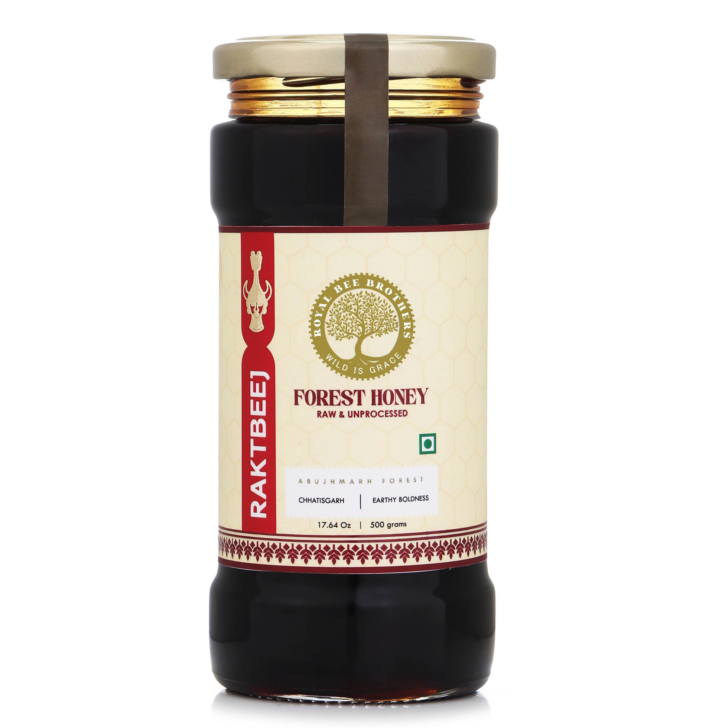 Royal Bee Brothers Raktbeej Forest Honey, Raw & Unprocessed, From Indigenous Wild Honeybees, Harvested in Jharkhand & Chhattisgarh Forests, Dark Amber, Smoky Taste, Earthy Aroma, 500g
