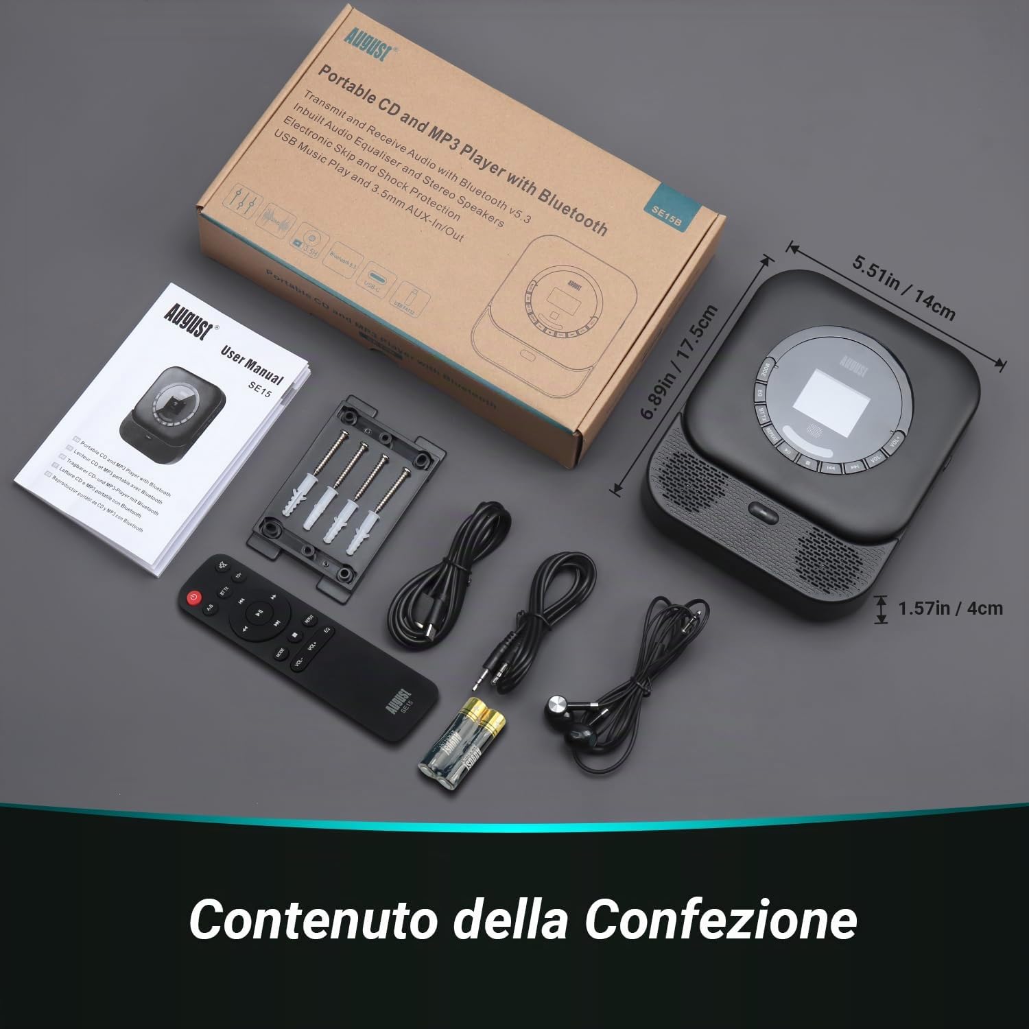 August SE15 Lettore CD Portatile Bluetooth 5.3 USB AUX 6W Batteria Ricaricabile EQ Antiurto Montaggio a Parete
