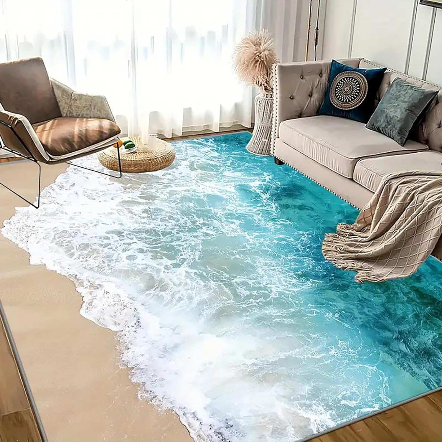 3D Visual Blue Ocean Waves Rug, Large Sea Wave Area Rugs for Bedroom, Cute Beach Design Carpet Non-Slip Sofa Mat (Ocean Waves)