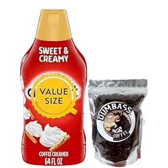 Dumbass Coffee International-Delight Liquid Coffee Creamer، زجاجة 64 أونصة من كريمة القهوة الكريمية الناعمة المبهجة وحبوب القهوة الكاملة متوسطة/داكنة 2 أونصة قهوة حلوة وكريمية