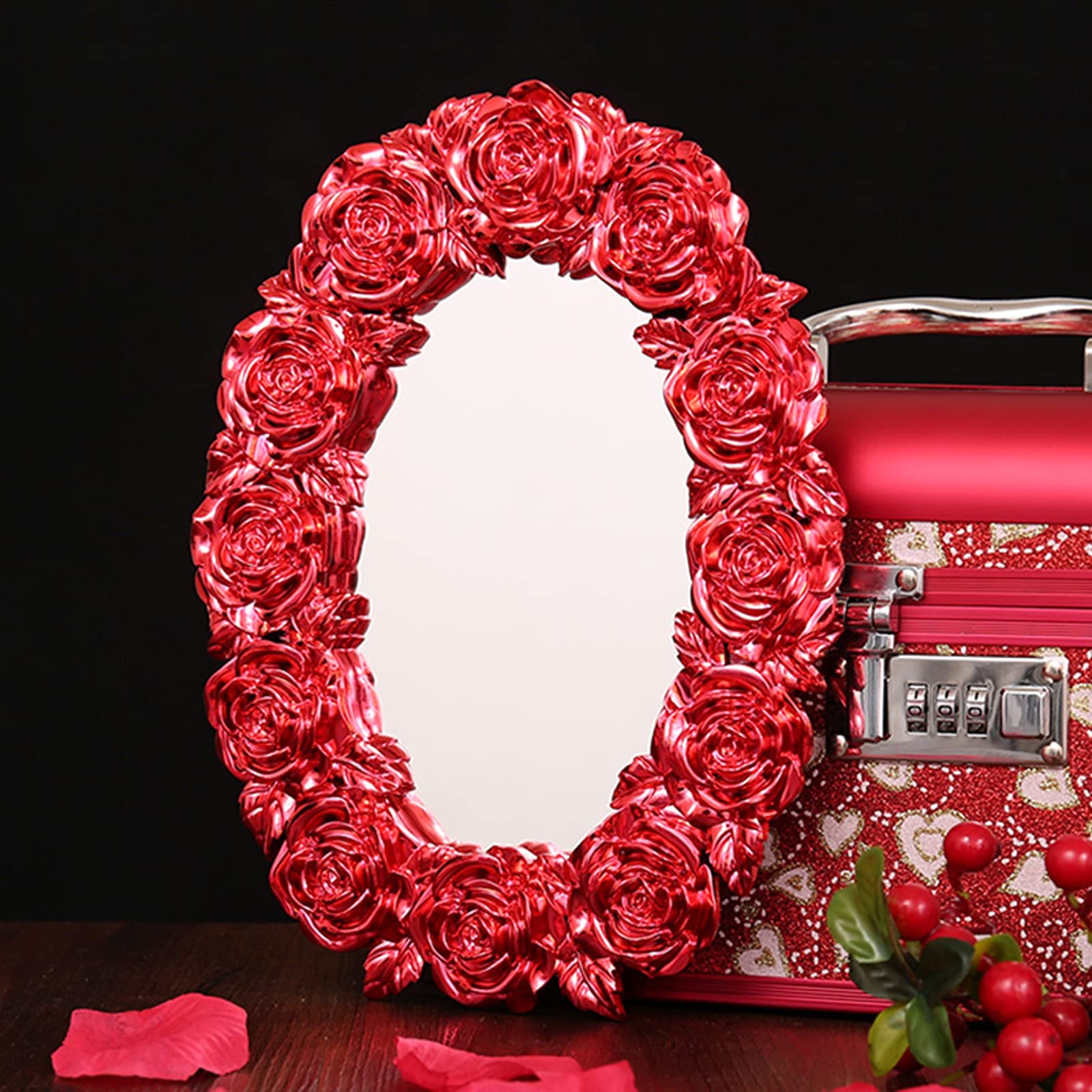 HASMI Schminkspiegel Hochzeit Make-up Spiegel Braut Rot Eitelkeit Spiegel Rose Dekoration Spiegel Desktop Dressing Spiegel for Damen Kosmetikspiegel für den Haushalt