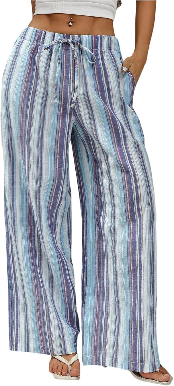 SweatyRocks Women's Striped Drawstring Pants Loose Wide Leg Trousers Casual Comfy Pants with Pocket - Image 4