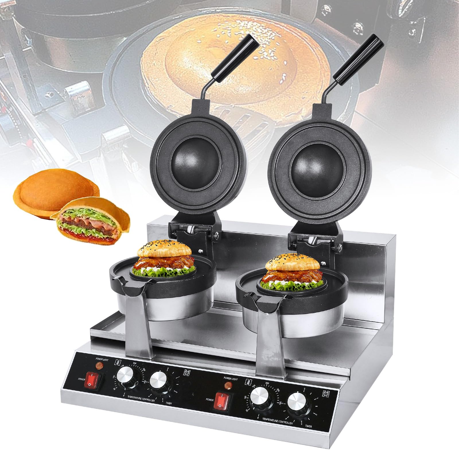 ZYTSHOP Ice cream Waffle Machine,Commercial Double-Head UFO Hamburger Cake Maker,Large Hamburger Bread Gelato Panini Hot Press Machine for Home Restaurant