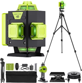 Laser Level 360 Self Leveling with Tripod | 4x360 Cross Green Line, 4D Laser Leveler Tool, 2PCS Lithium Batteries, Picture Hanging, Tile, Home Renovation, Indoor