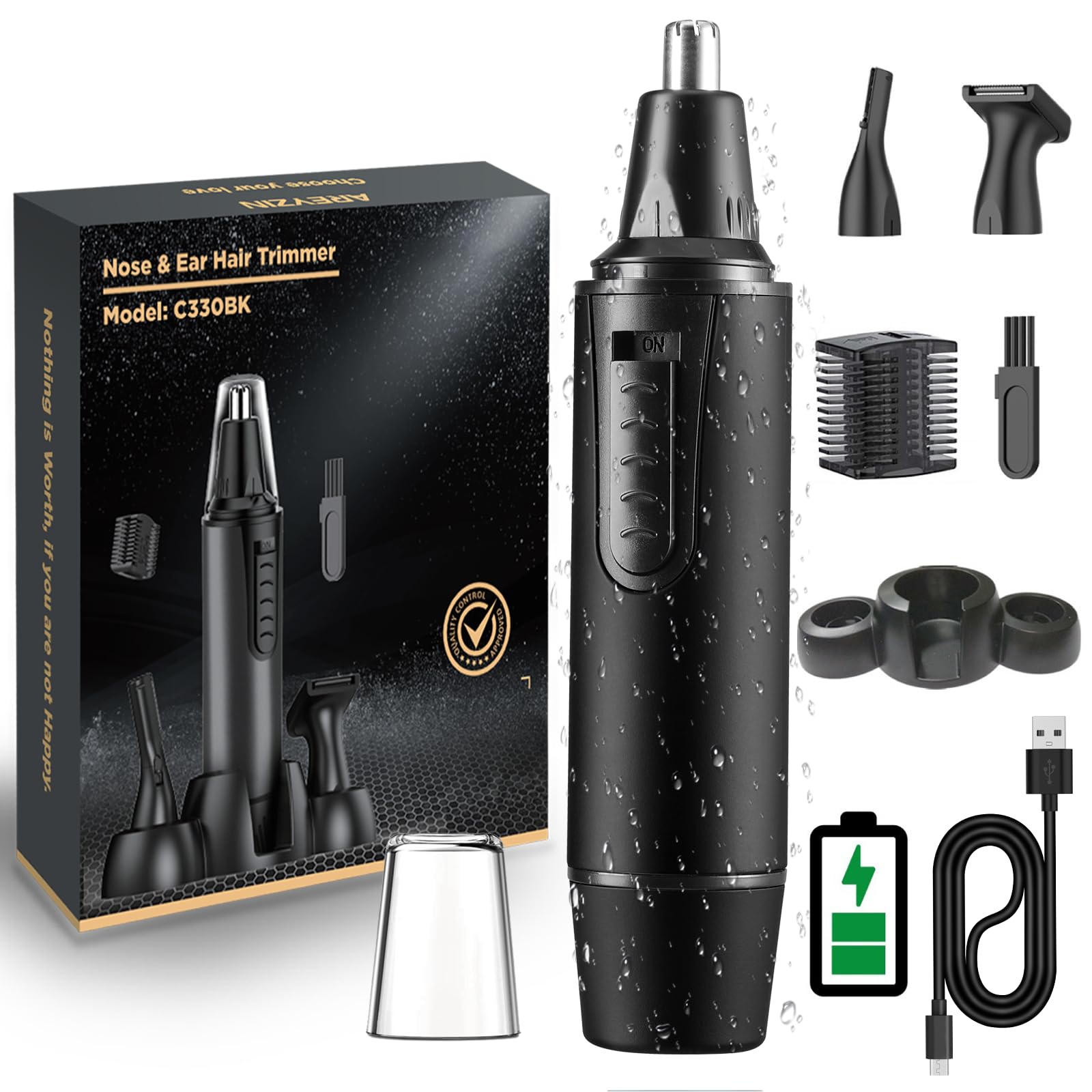 Cortapelos Nariz y Oreja, 3 en 1 Profesional Cortapelos Nariz, Recargable Indoloro Recortador Pelos Nariz con Cable Tipo-c, IPX7 Impermeable, Uso Húmedo y Seco, Cuchillas de Doble Filo, Negro