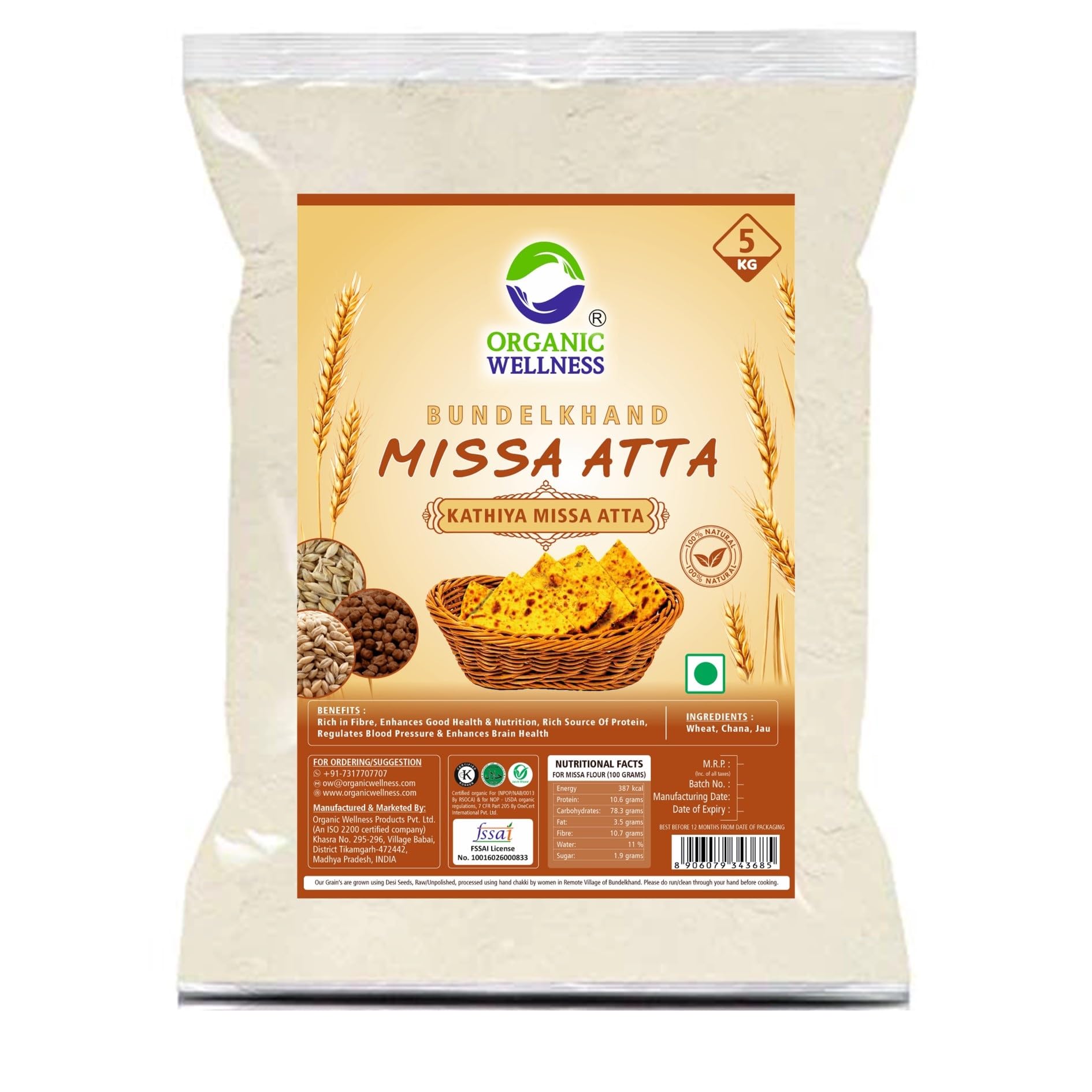 Organic Wellness Bundelkhand Missa Atta I Missi Flour I High Protein High Fiber | Low Gluten, & Diabetic Friendly | Fresh Chakki Atta - 5 KG Pack (B0C8TBP531) Amazon Price History, Amazon Price Tracker