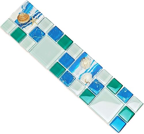 Miniatura 6 de Azulejo de vidrio brillante para salpicaduras de playa, resina, mosaico azul con concha, diseño de pez de mar, azulejos de suelo y pared (11 pies