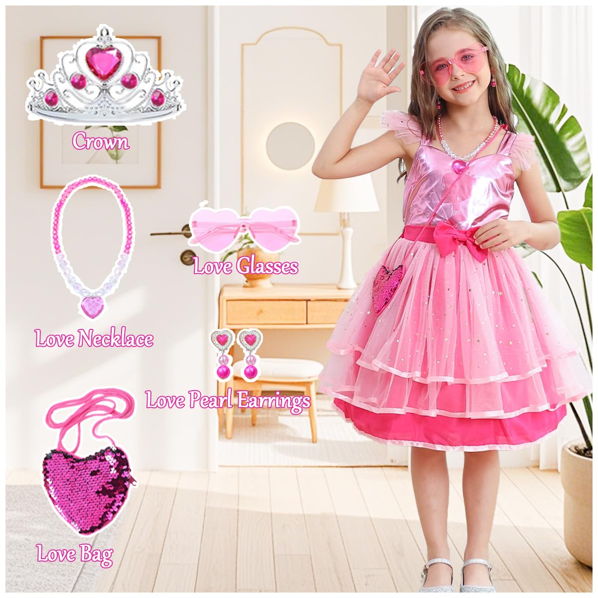 Snyemio Girls Princess Costume Pink Kids Fancy Dress Up with Accessories Carnival Halloween Cosplay, 2-3 Years(Label 100) - Image 4