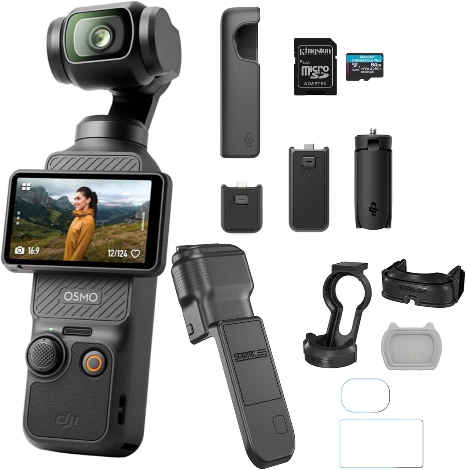 DJI Osmo Pocket 3 with Hard Case Cover, Magnetic Fill-in Light, and Tempered Glass Screen Protectors Bundle - Action Cam
