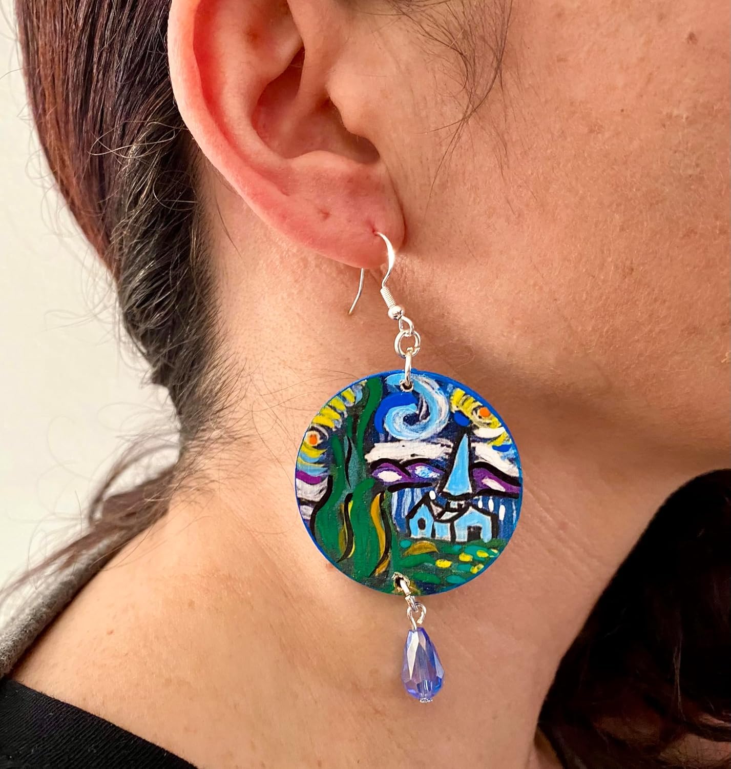 Boucles d'oreilles peintes à la main - LA NUIT ÉTOILÉE TABLEAU CÉLÈBRE - Boucles d'oreilles pour femmes, Bijoux en bois peint, Crochet en argent, Made in Italy, Bijoux, Artisanat