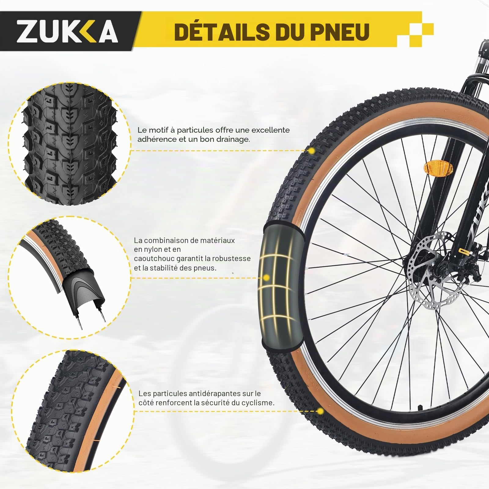 ZUKKA Lot de 2 pneus de vélo de montagne pliables 24/26/27,5/29 x 2,125 pour VTT, enfants, marron