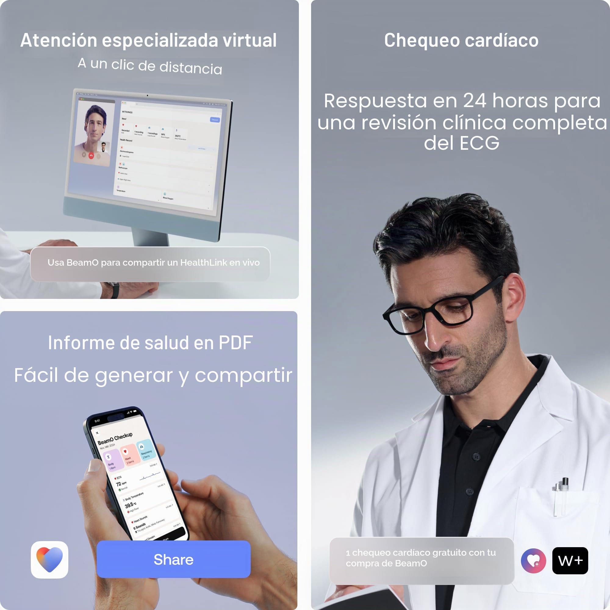 WITHINGS BeamO – Termómetro Digital Inteligente sin Contacto, MultiScan 4 en 1, Monitor ECG, Oxímetro de Pulso, Estetoscopio Digital, Para Niños y Adultos, Multiusuario, Cuidado Familiar