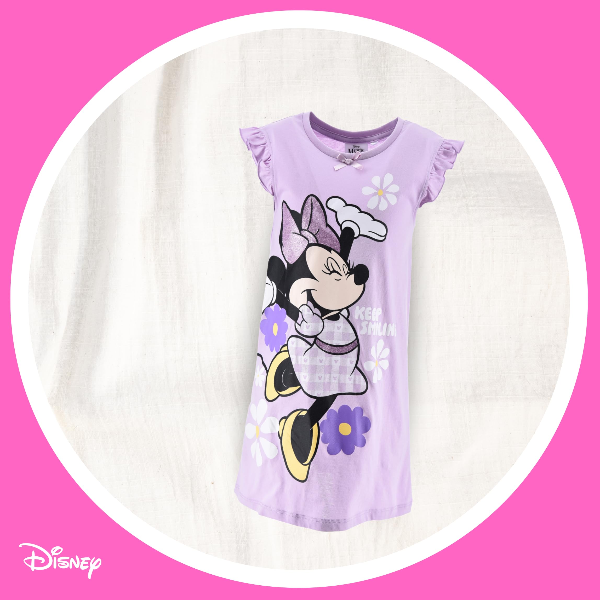 Disney Minnie Mouse Camison Algodon Suave Gingham Vestido Manga Corta para Niña Tallas 3-8 Años