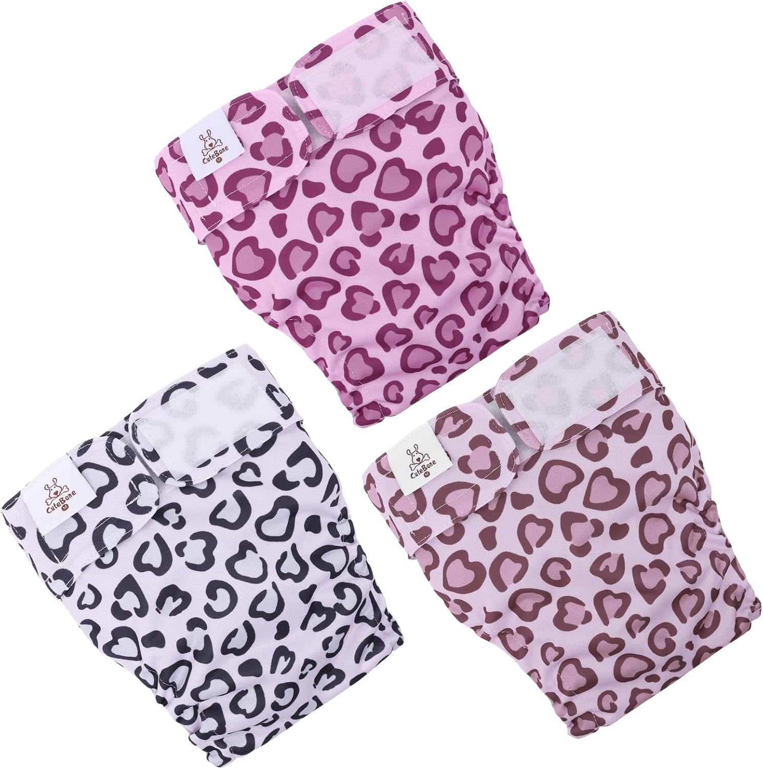 cutebone washable dog diapers female no tail hole 3 pack reusable doggie period training pants for docked-tail frenchie french bulldog boston terrier without tail wwd18s for docked-tail, heart leopard print 3pcs s