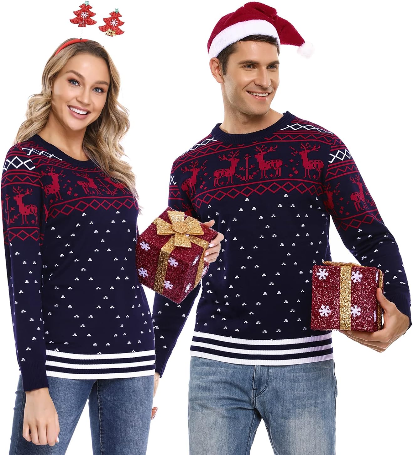 Litherday Kersttrui voor heren, kersttrui, gebreide trui met lange mouwen, warme ronde hals, pullover voor Kerstmis, feest, donkerblauw, L