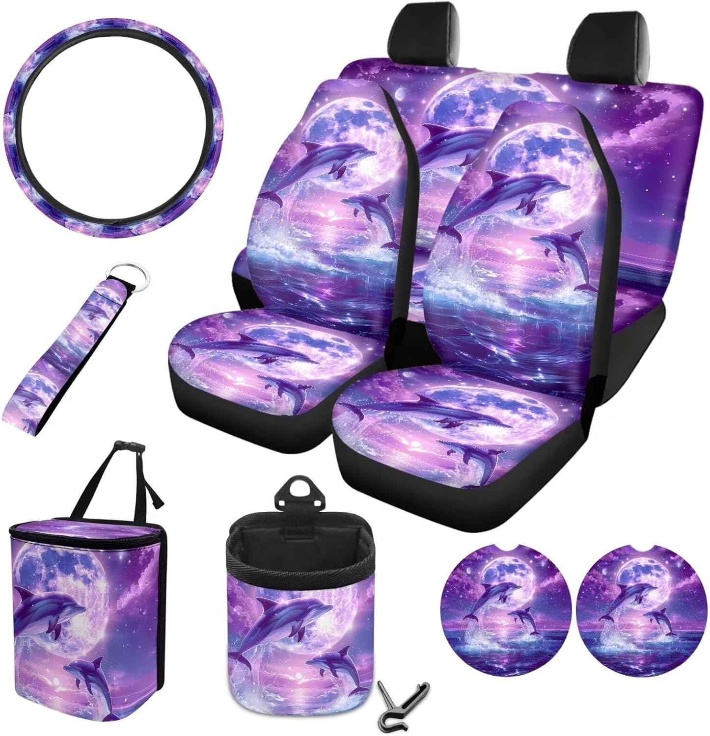 Dolphin Moon Pattern 10 Pieces Car Accessories Sets Washable Front Rear Seat Covers Steering Wheel Cover Car Trash Bin Air Vent Pouch Cup Holders Keychain Automotive Interior