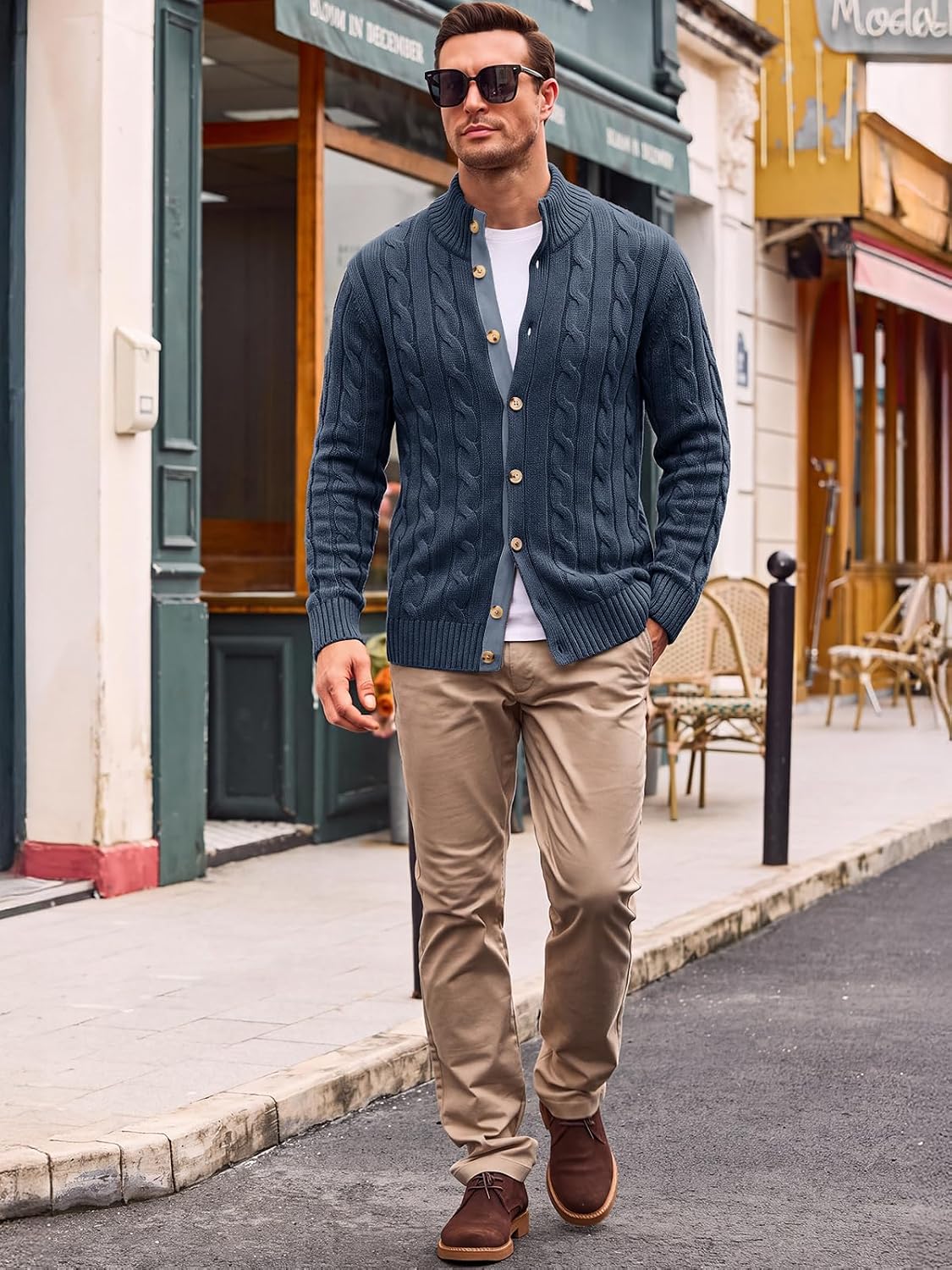 Runcati Mens Cardigan Sweater Cable Knit Stand Collar Button Down Sweaters