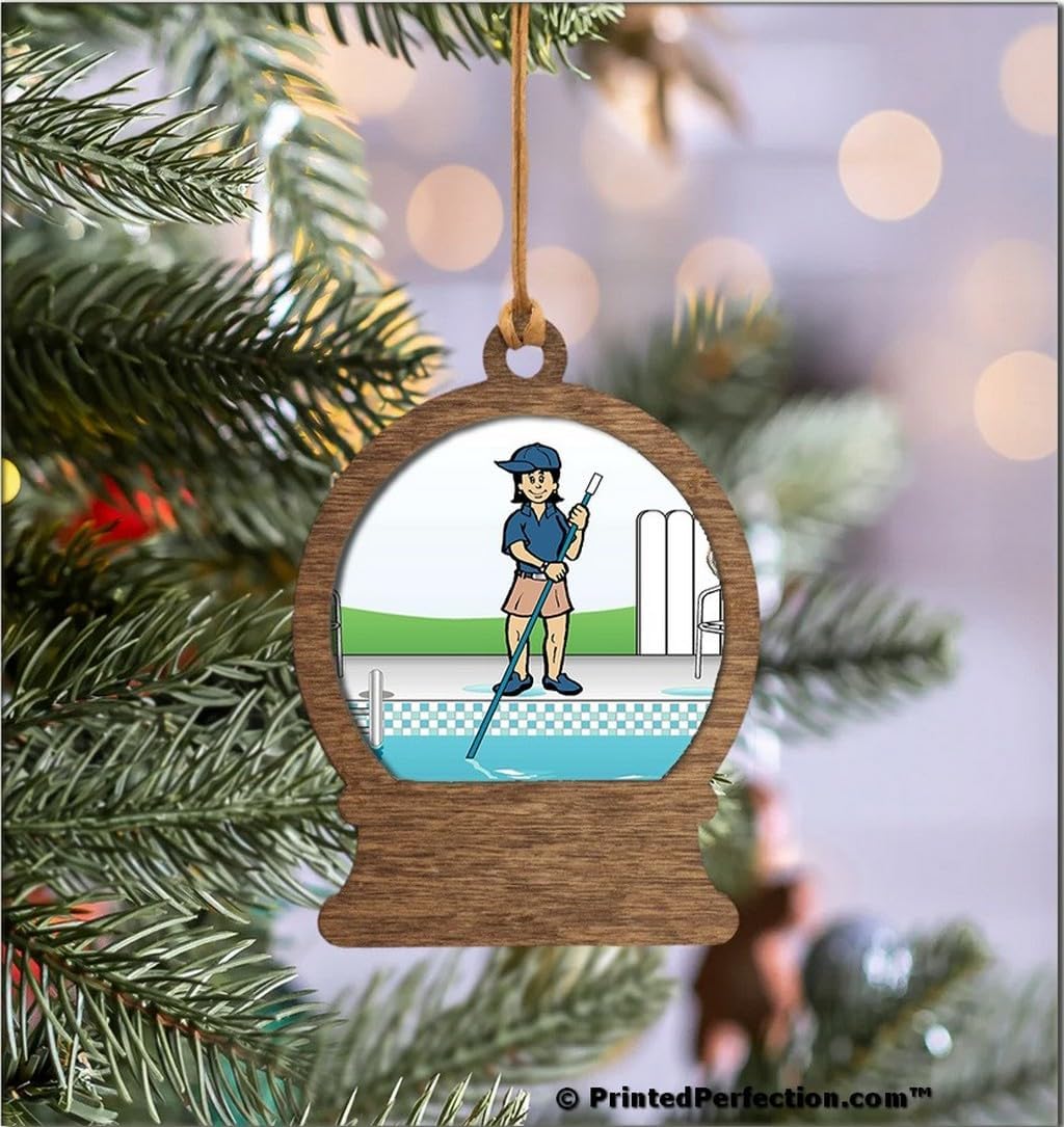 PrintedPerfection.com Personalized Pool Cleaner Female Wooden Snow Globe Shaped Christmas Ornament