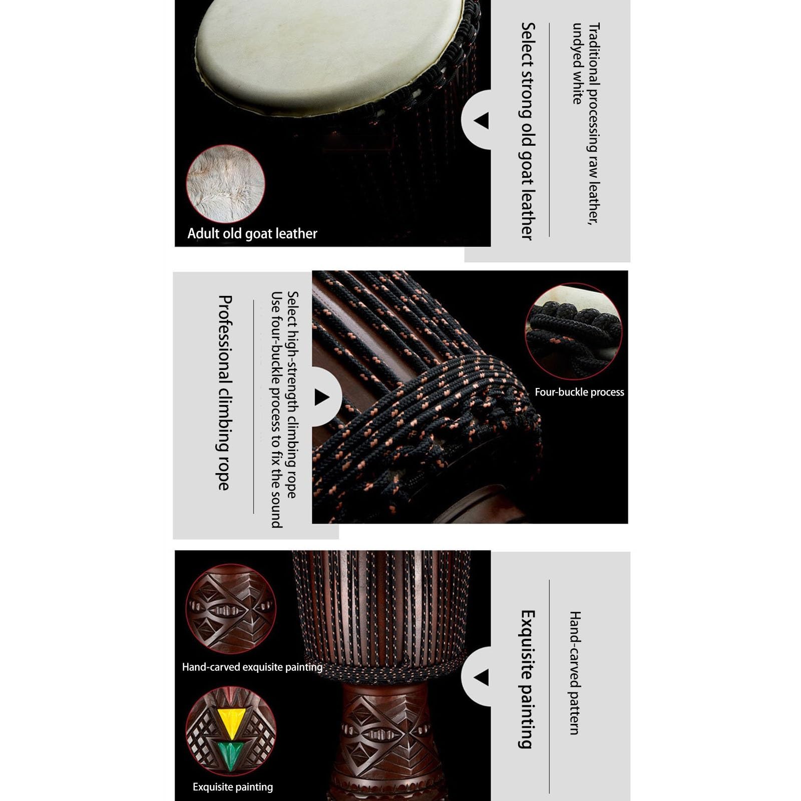 10/12 Pouces Djembe Tambour Fait à la Main Djembe Drum, Tête de Tambour en Peau de Chèvre Hand Drum pour Les Festivals de Musique, Réunions de Famille, Mariage(Professional 12-inch)