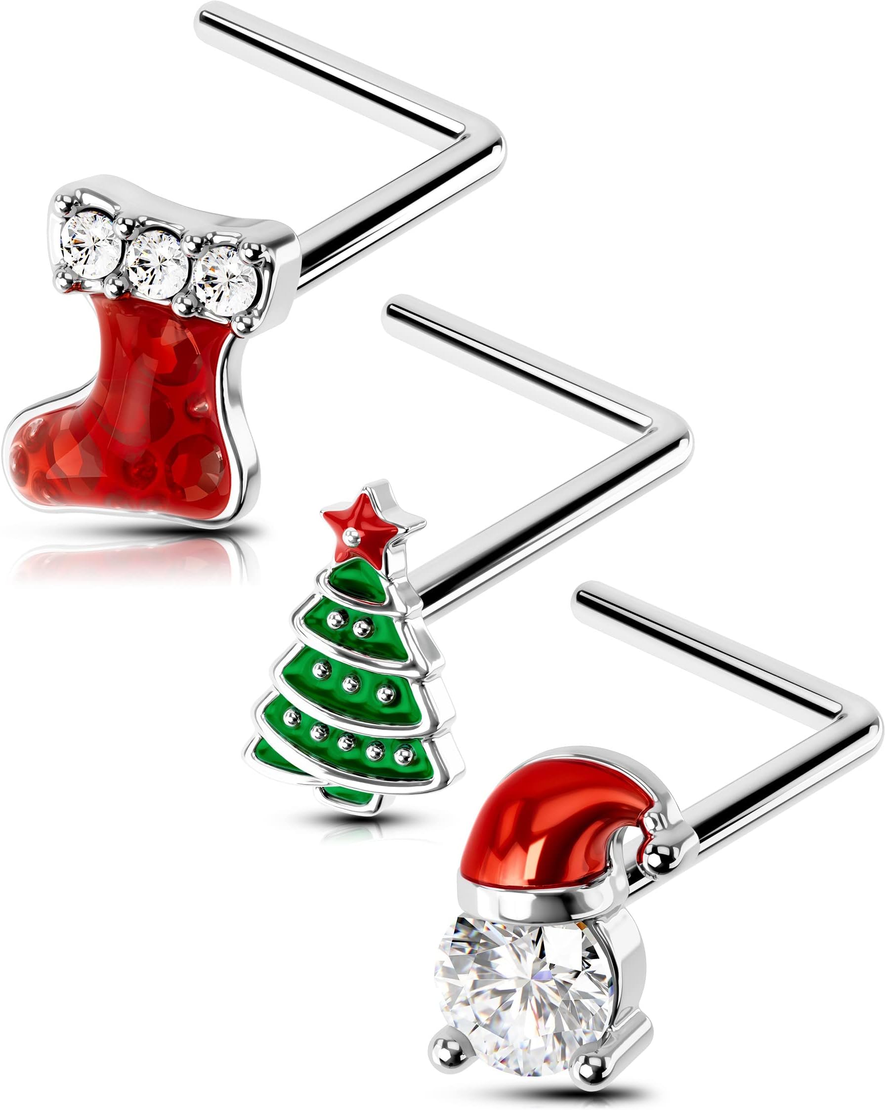 3Pcs Nose Studs, Shining Christmas 20G Nose Rings L Shaped Cute Deer Star Tree Silver Stainless Steel Nose Rings Studs Nose Piercing Jewelry for Women Men-7MM