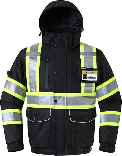 JKSafety 10 Pockets Hi-Vis Waterproof 3M Reflective Winter Bomber Jacket | Black Color | Secured Tablet Pocket | Detachable Hood and Retractable ID Pocket(118-Black, XX-Large)