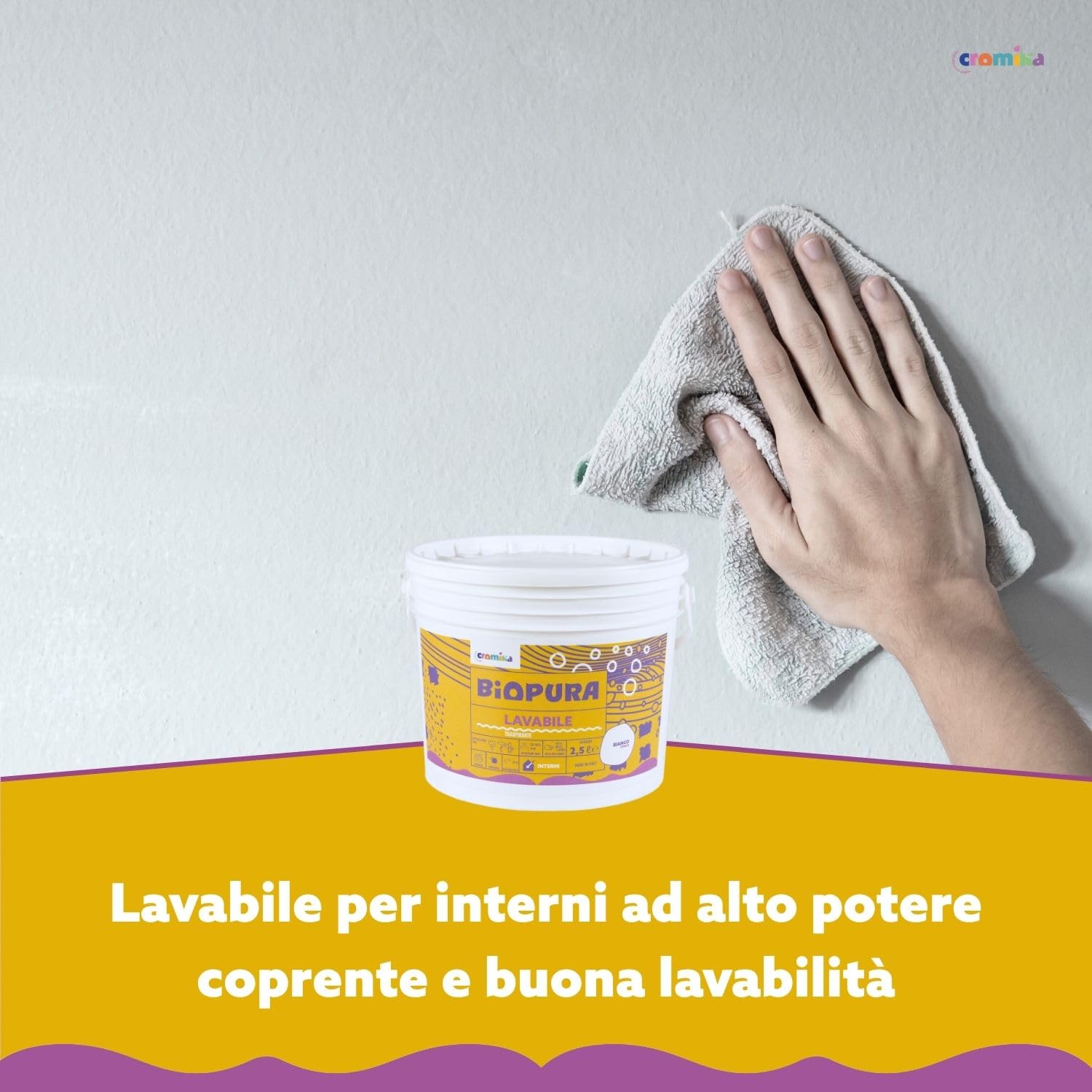 CROMIKA BIOPURA Pittura Lavabile Traspirante per Interni, Alta Copertura Rullo Pennello Spruzzo Finitura Opaca Made in Italy (Bianco, Litri 10)