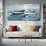 Orvannaatr Large Blue Abstract Canvas Wall Art Impressionist Coastal Three Boats Painting in Soft Blue Tones Framed Wall Decor for Living Room, Bedroom, Kitchen, Bathroom, Dining Room Ready to Hang 60x120 CM