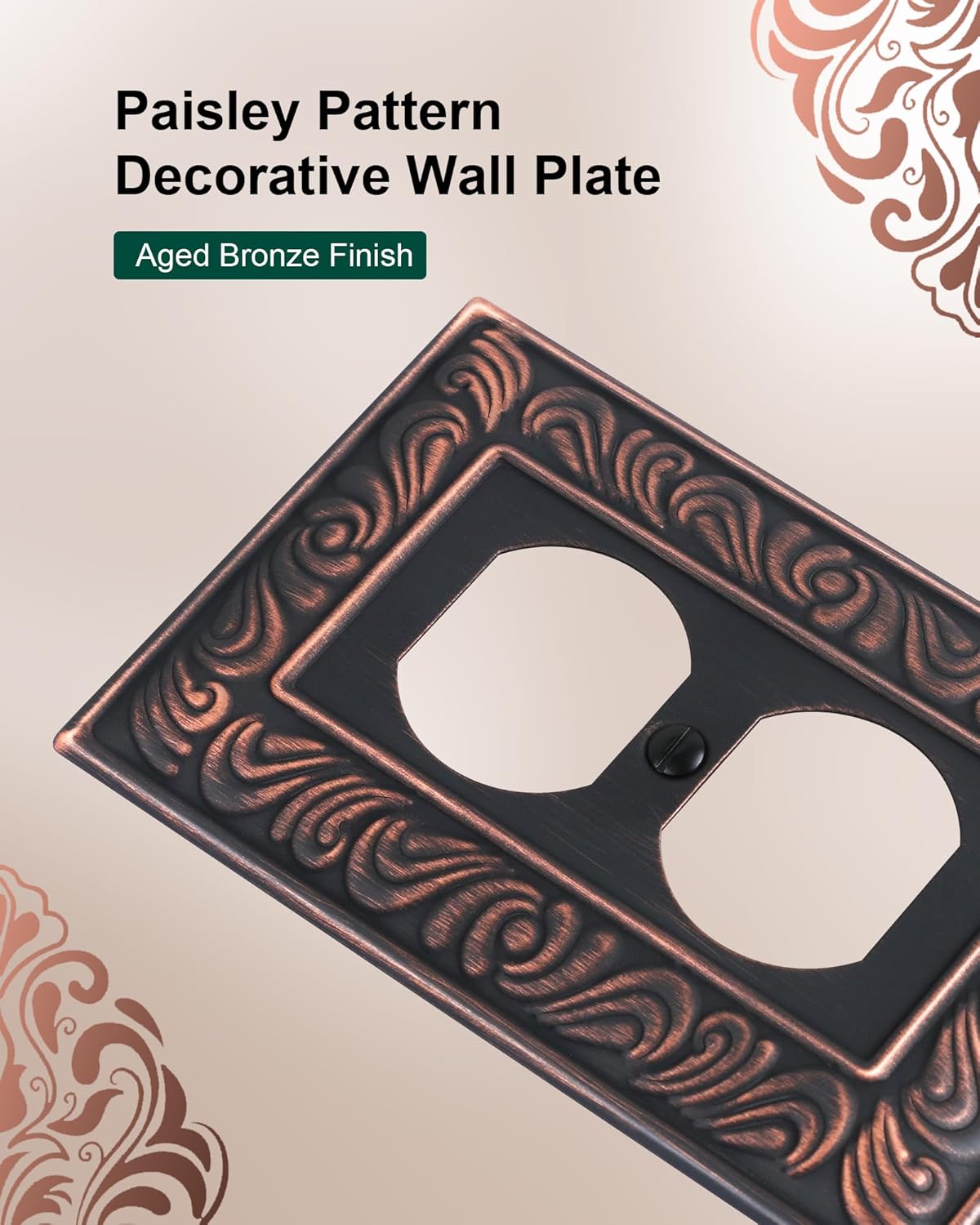 4-Pack Duplex Outlet Cover Plate, Paisley Pattern Decorative Metal Wall Plates for Electrical Outlets, 1 Gang Receptacle Cover, Aged Bronze Switch Plates and Outlet Covers - Image 3