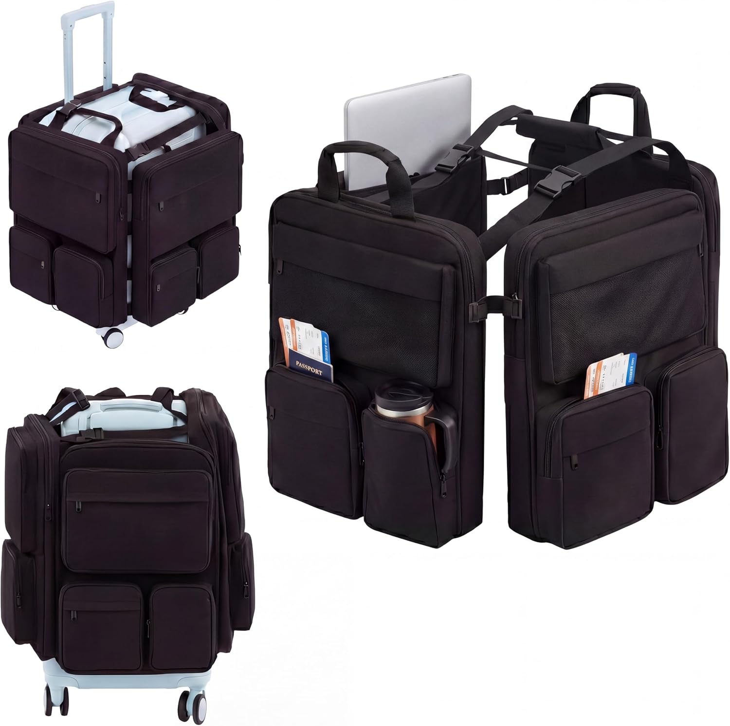 Sadnyy Over Luggage Organizer for Suitcase & Carry On, Two Sided Slide On Harness Bag with 16" Laptop Sleeve, Multi Pockets, Waterproof Oxford Cloth, Adjustable Straps