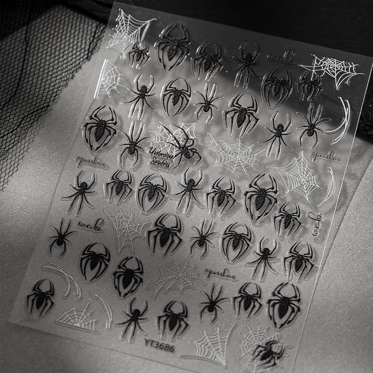 Horror Spider Nail Art Stickers - 5D Embossed Luxury Nails Decals, Scary Gothic Design, Black White Spider Web, Manicure Decoration Accessories, 2 Sheets