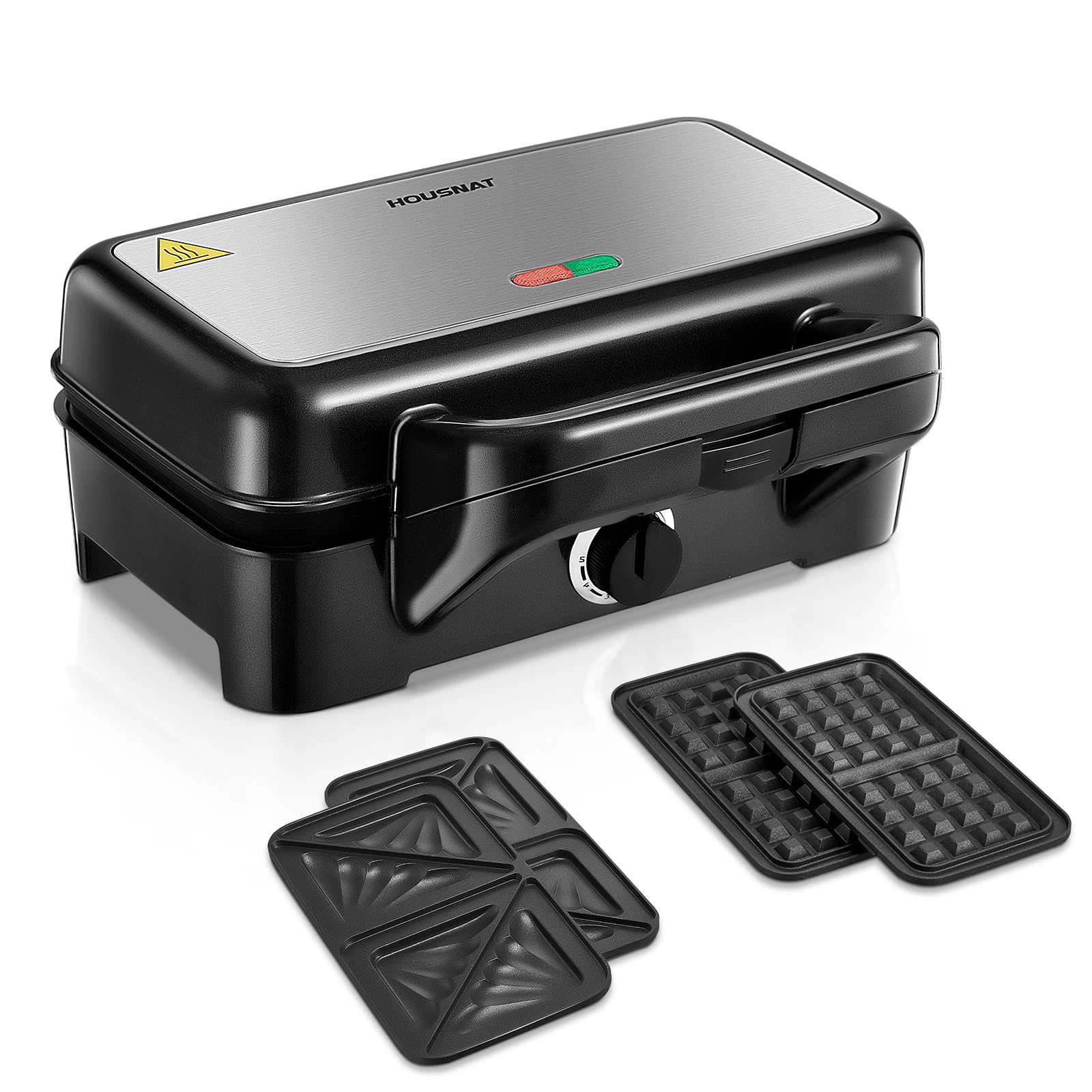 HOUSNAT Waffeleisen 3 in 1, Sandwichmaker, Kontaktgrill, Sandwichtoaster - 1200W mit 5-Gang Temperaturregelung- für Belgische Waffel, Perfekt für Frühstück, Camping und mehr-Netzbetrieb