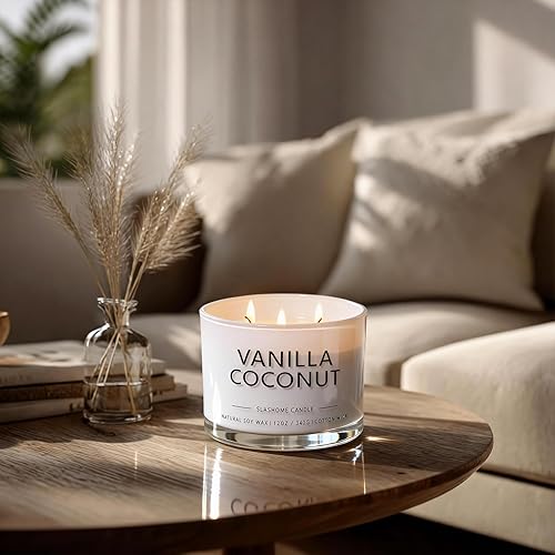 Miniatura 7 de Velas con aroma a vainilla y coco, velas grandes de 3 mechas para el hogar, velas de lujo de soja de 12 onzas, 50 horas de tiempo de combustión,
