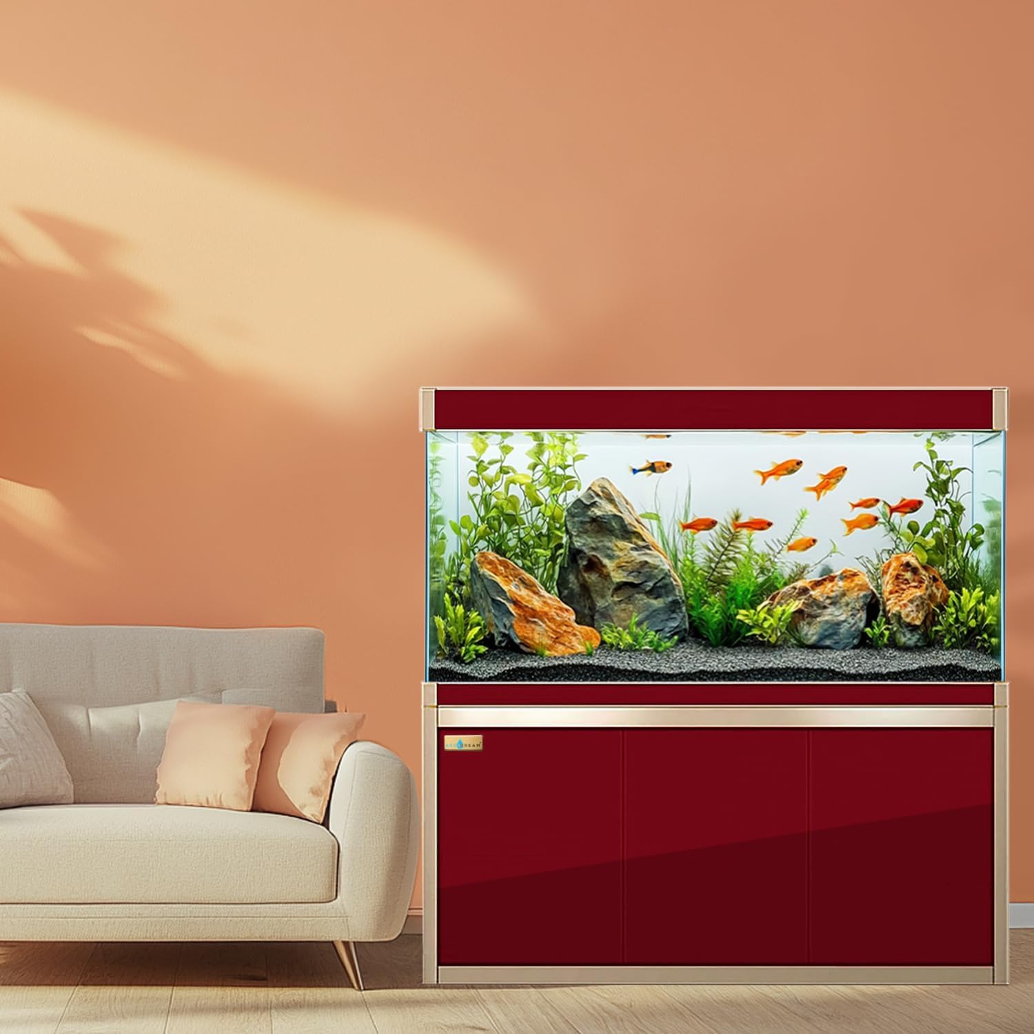 Aqua Dream 175 Gallon Aquarium Tempered and Ultra-Clear Glass, Full Setup in Red with Gold Trims