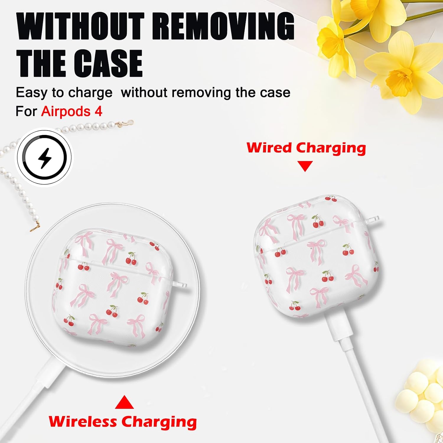 CameCosy Transparent Case Compatible for AirPods 4 Generation with Cherry Pendant, Cute Cover with Pink Bow & Cherry Pattern for Women, Protective Case in Shockproof Anti-Scratches TPU image 5