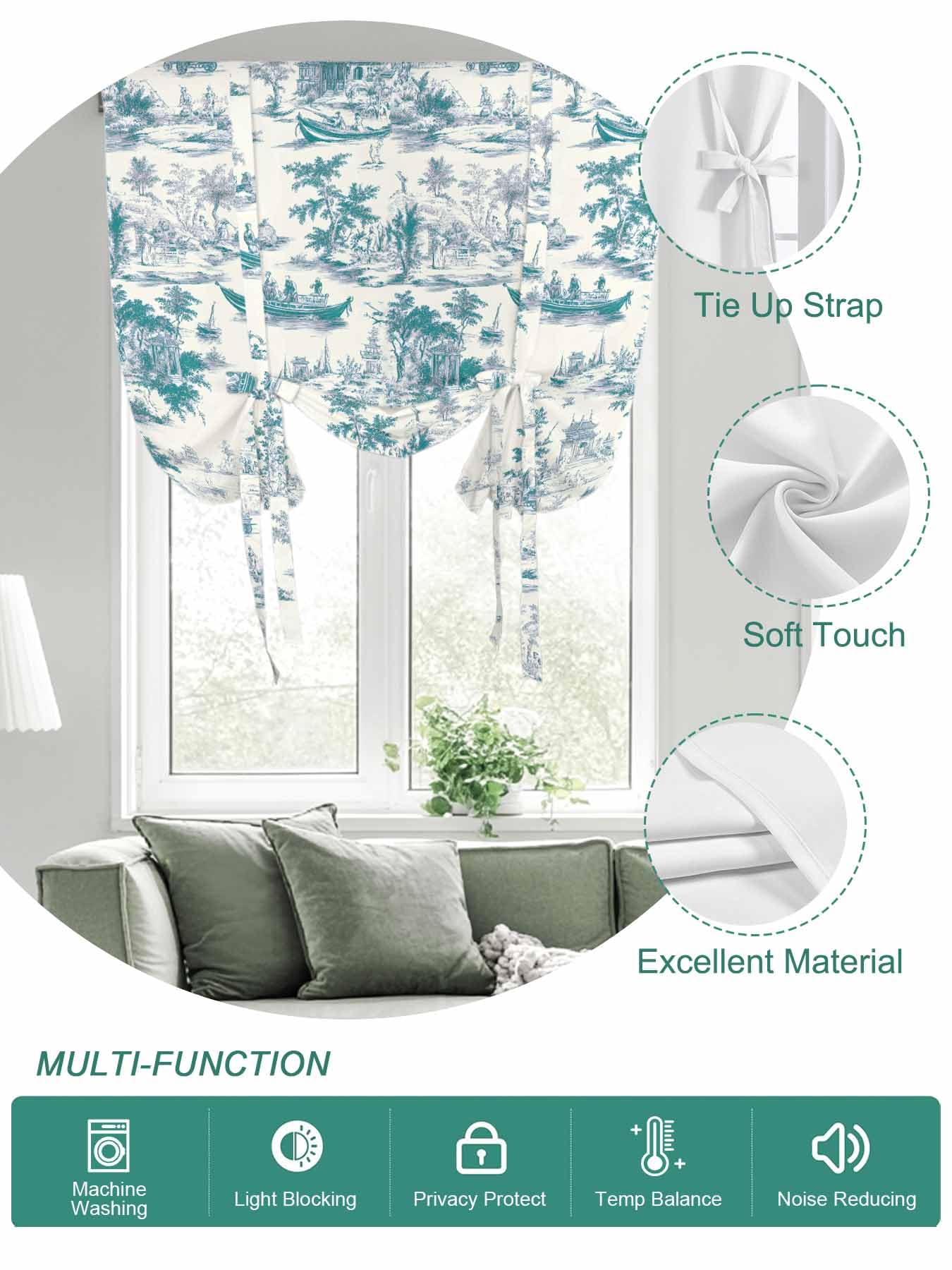 Tie Up Curtains for Windows Green Garden Vintage Roman Shade 46 x 63 Inch Bathroom Curtains Window Modern Art Building Boat Tree Rod Pocket Short Balloon Curtains for Living Room Kitchen Small Blinds