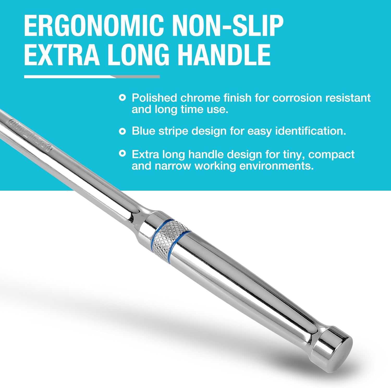 DURATECH 3-Piece Extra Long Drive Ratchet Handle, 1/4", 3/8", 1/2" 90-Tooth Ratchet Wrench with Dust Proof Teardrop Enclosed Head, Reversible, CR-V Steel Made, CR-MO Head, Full Polished, Gifts for Men