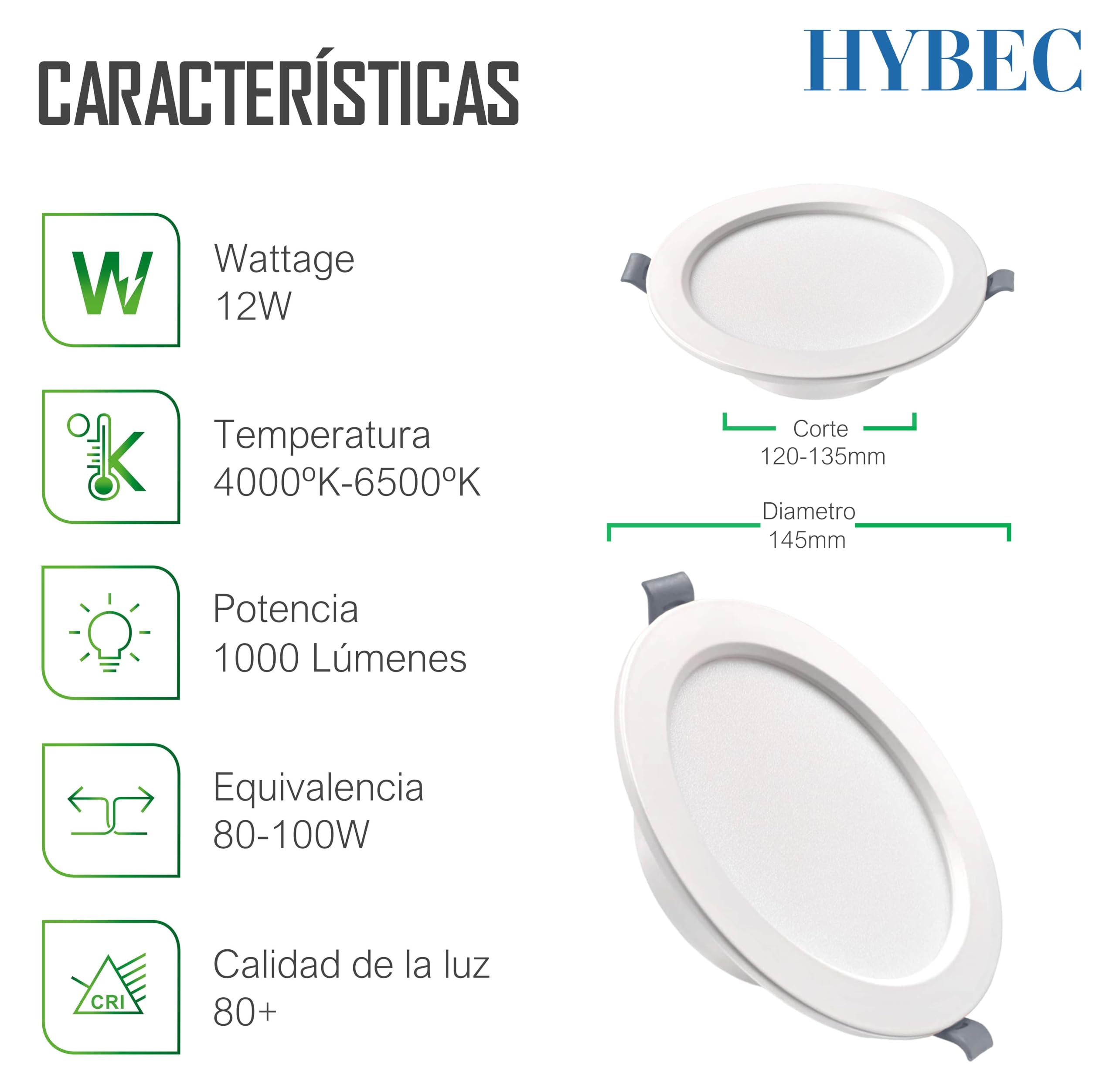 Downlight LED Techo Empotrable 12W, Foco Interior, Driver Incluido, Luz Fría 6500ºK (Pack 10)