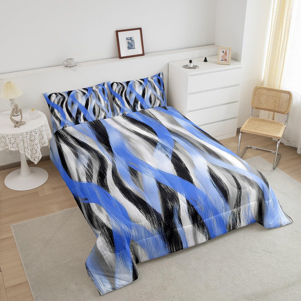 Erosebridal Geometric Stripes Comforter Toddler Modern Abstract Comforter Set Grey Black Blue Bedding Set for Kids Boys Girls Teen Swirl Lines Quilt Duvet Room Decor 2 Pcs
