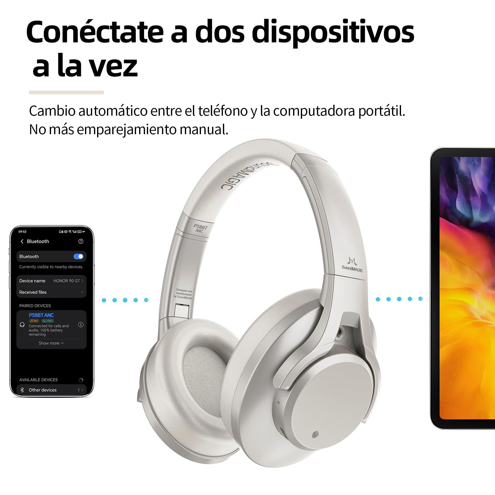 SoundMAGIC P58BT ANC Auriculares Bluetooth Diadema con cancelación Activa de Ruido, Calidad de Sonido HiFi, Llamadas nítidas, 60 Horas de autonomía, para Juegos y música, compatibles con móviles y PC