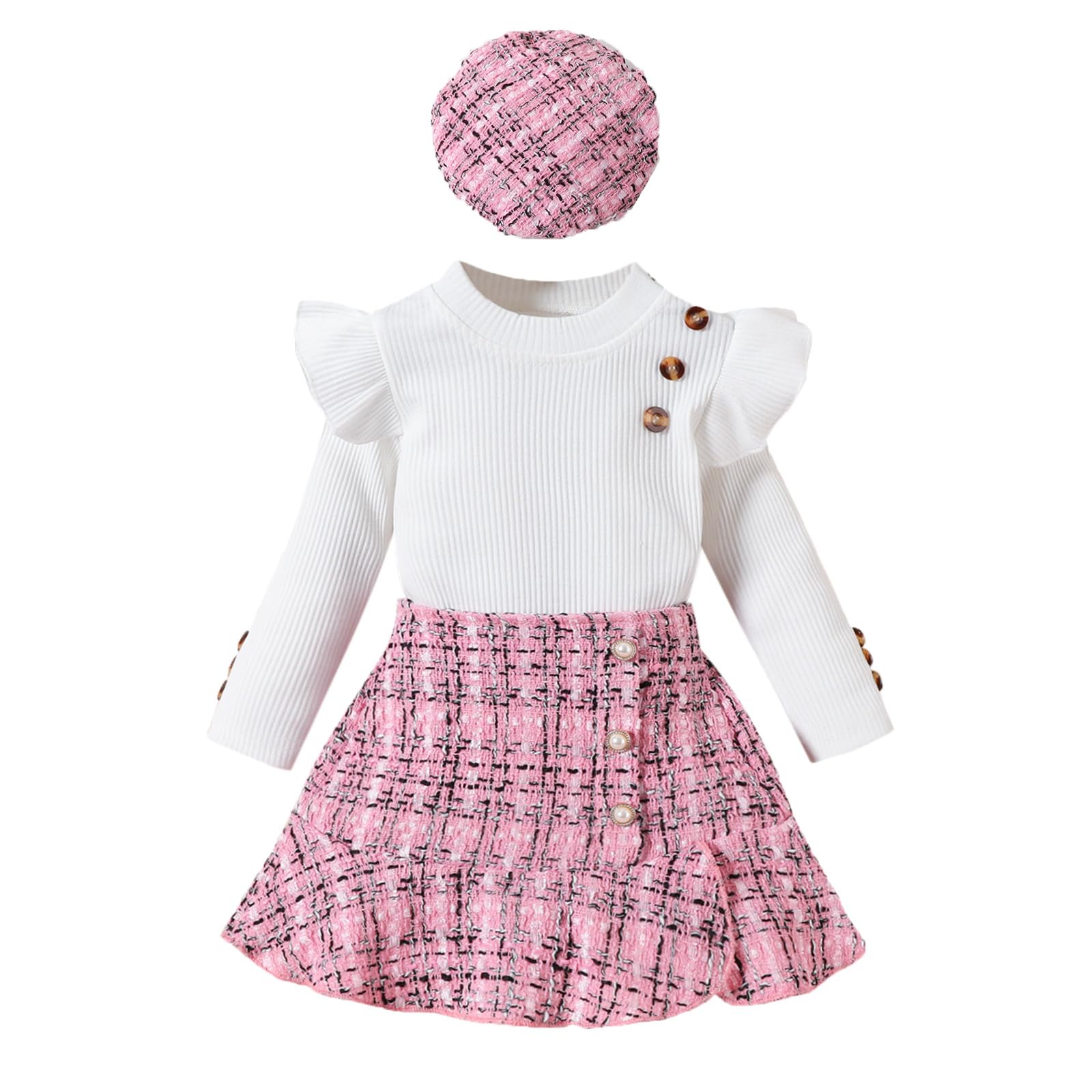 Vestiti per Bambine Maniche Lunghe Top a Coste Motivo Scozzese in Tweed Gonna Basco Bottoni Set Di Abiti