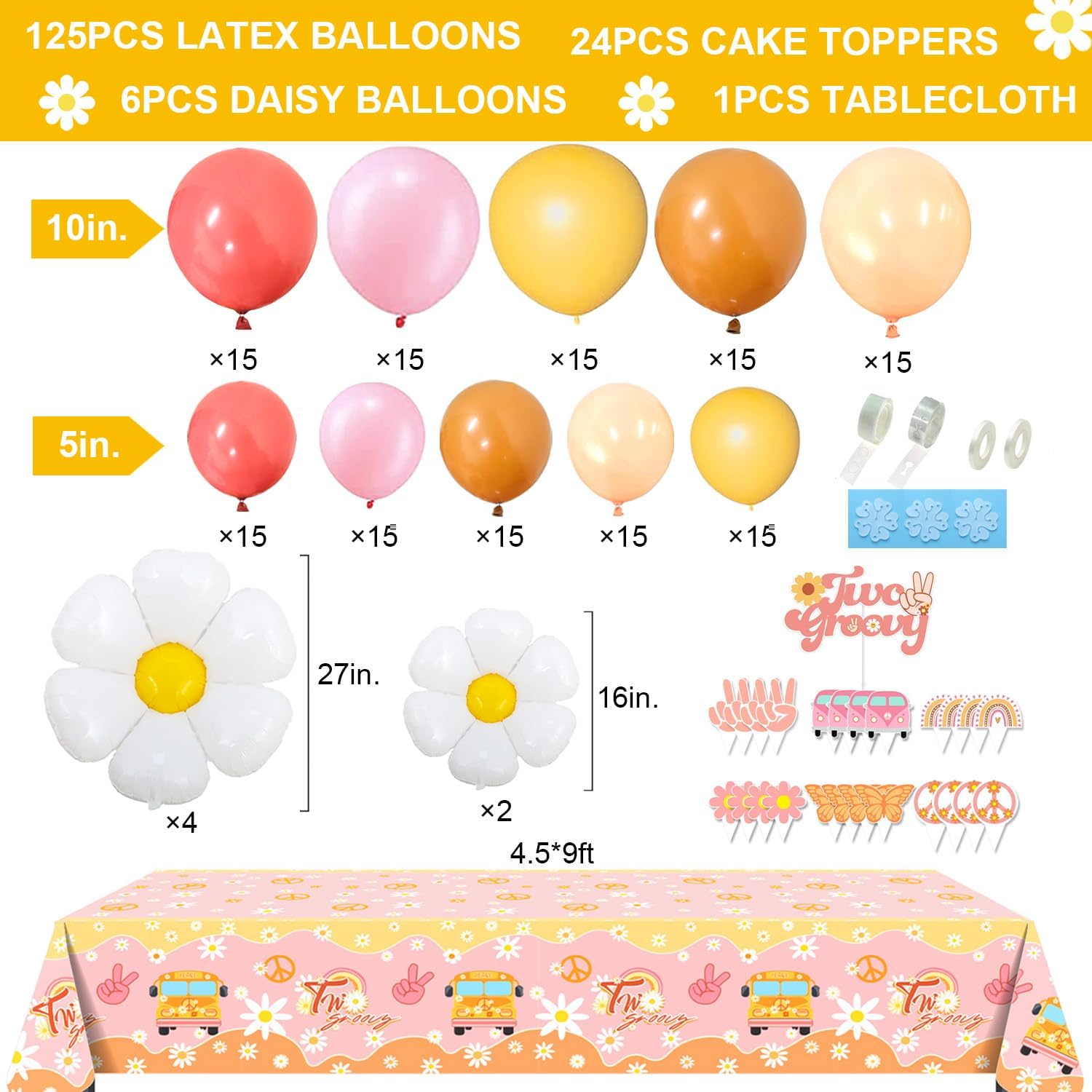 Groovy 2nd Birthday Party Decorations Girl, Two Groovy Birthday Decorations Boho Daisy Balloons Two Groovy Party Backdrop Tablecloth and Balloon Garland Kit