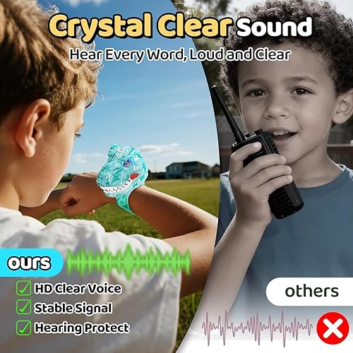 Miniatura 6 de Vvinca Walkie Talkies para niños, paquete de 2 – Juguetes de dinosaurio para niños de 3 a 12 años T-Rex correa de muñeca ajustable de largo alcance