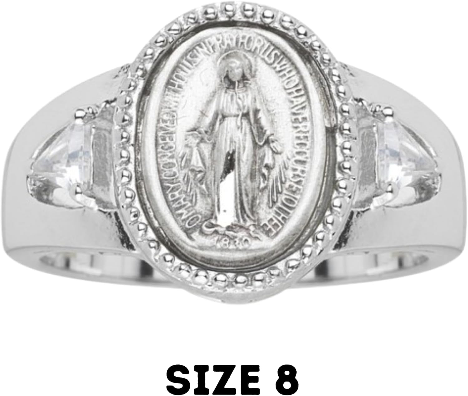 Needzo Sterling Silver Miraculous Medal Ring with Cubic Zirconia Accents, Religious Catholic Accessory for Women, Size 8, Velvet Gift Box Included