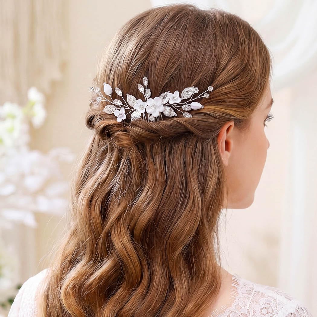 Unicra Bride Silver Wedding Hair Comb Flower Bridal Side Comb Sparkly Crystal Hair Piece Leaf Hair Accessorie for Women and Girls