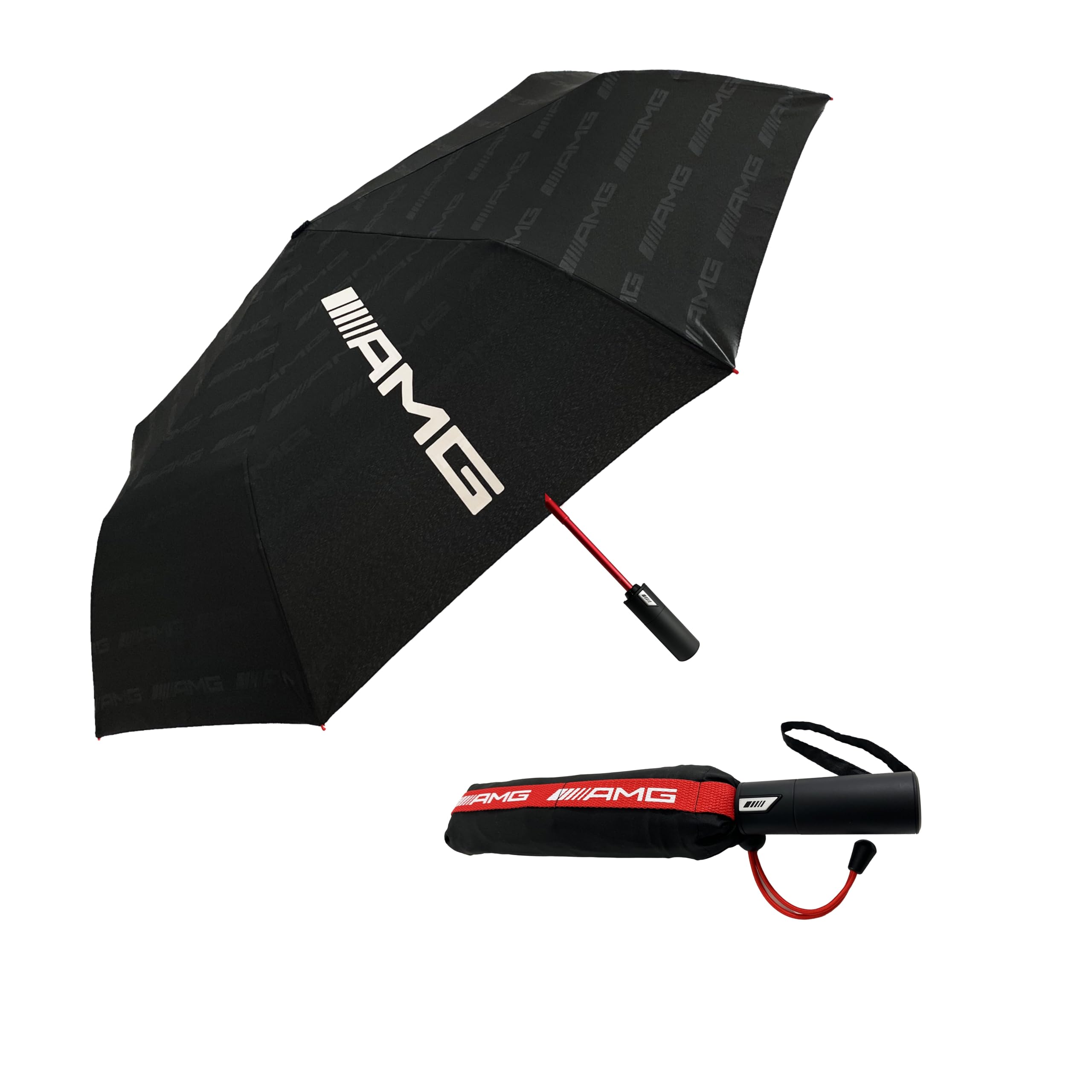 Paraguas Plegable AMG Auténtico – Antiviento, Apertura y Cierre Automáticos, Compacto de Viaje, Diseño Negro y Rojo Premium, Resistente y Ligero para Todo Clima