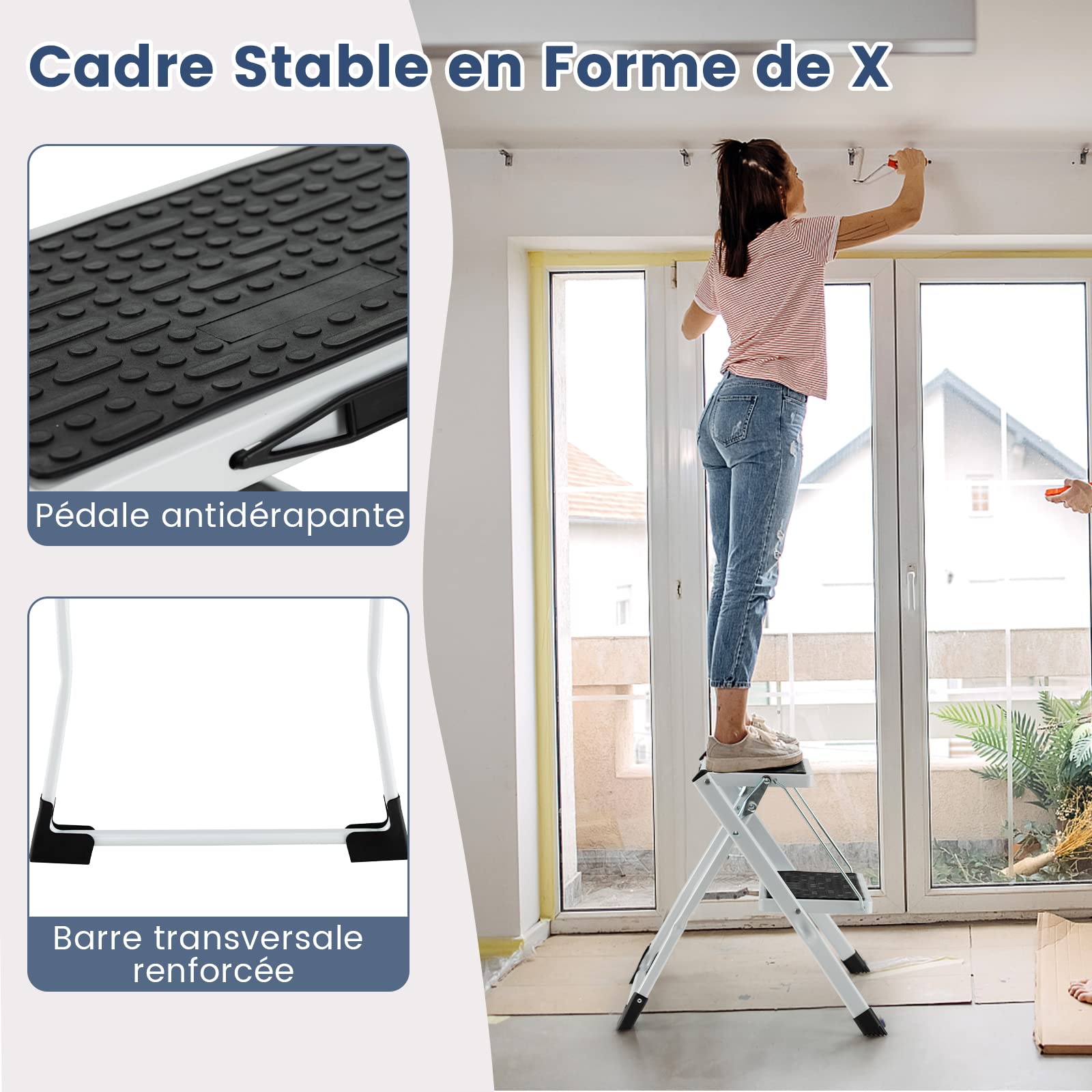 COSTWAY Marchepied à 2 Marches Pliable, Escabeau Cadre Métallique, Pédale Antidérapante, Dimension de Marche 30 x 20 cm, Capacité 150 kg, 50 x 49 x 45 cm